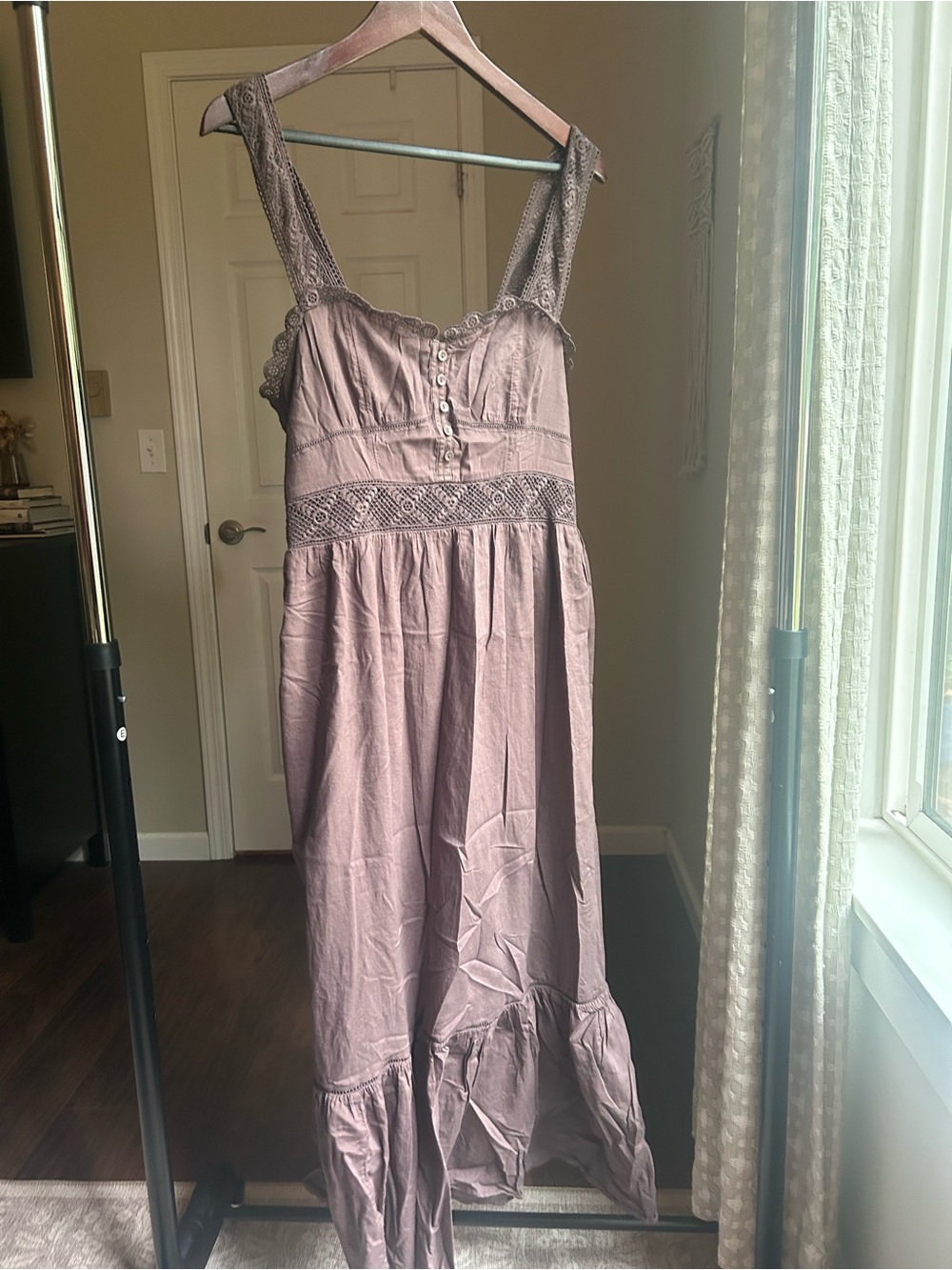 American Eagle Outfitters Brown Lace-Trim Cotton Midi Dress